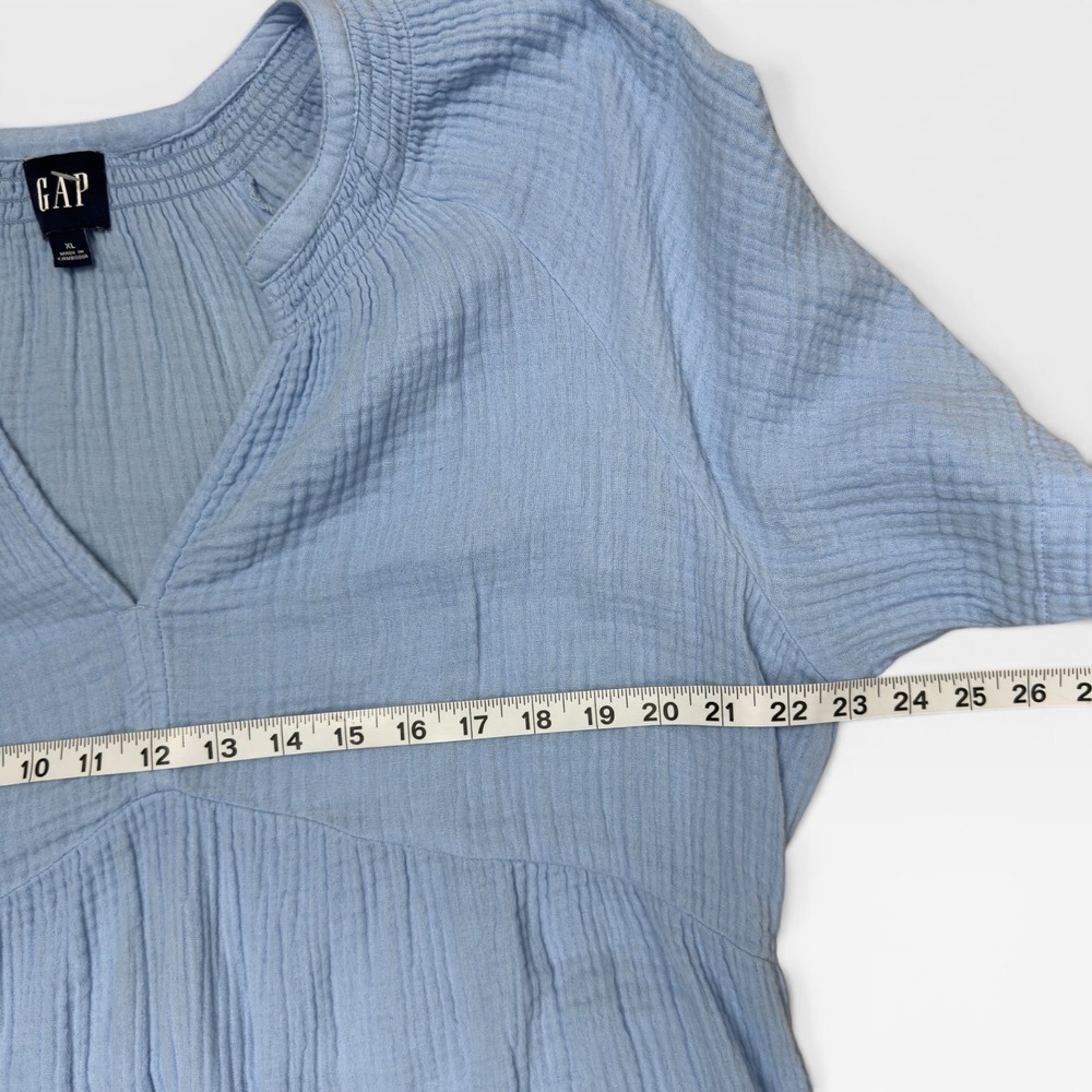 Gap Cotton Gauze Tiered Dress XL Light Blue Short Sleeve Mini V-Neck Coastal - Picture 6 of 9